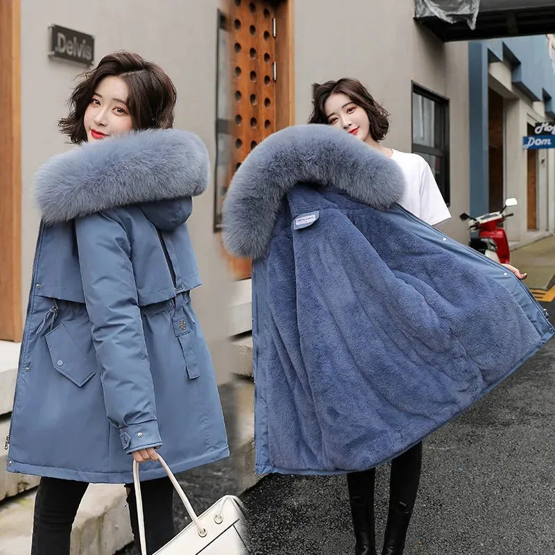 Long Coat Wool Liner Hooded Parkas Slim With Fur Collar Warm Snow Wear Padded Clothes
