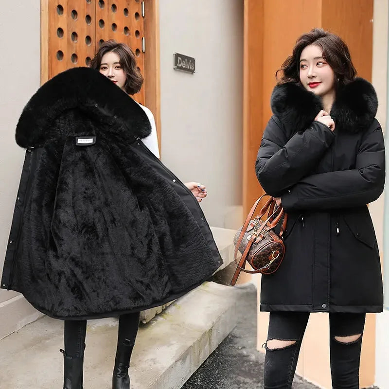 Long Coat Wool Liner Hooded Parkas Slim With Fur Collar Warm Snow Wear Padded Clothes