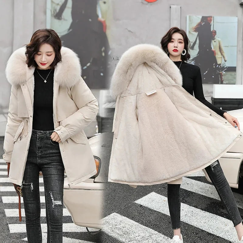 Long Coat Wool Liner Hooded Parkas Slim With Fur Collar Warm Snow Wear Padded Clothes