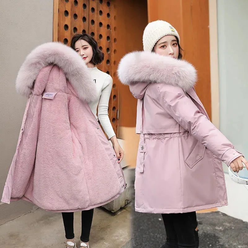 Long Coat Wool Liner Hooded Parkas Slim With Fur Collar Warm Snow Wear Padded Clothes