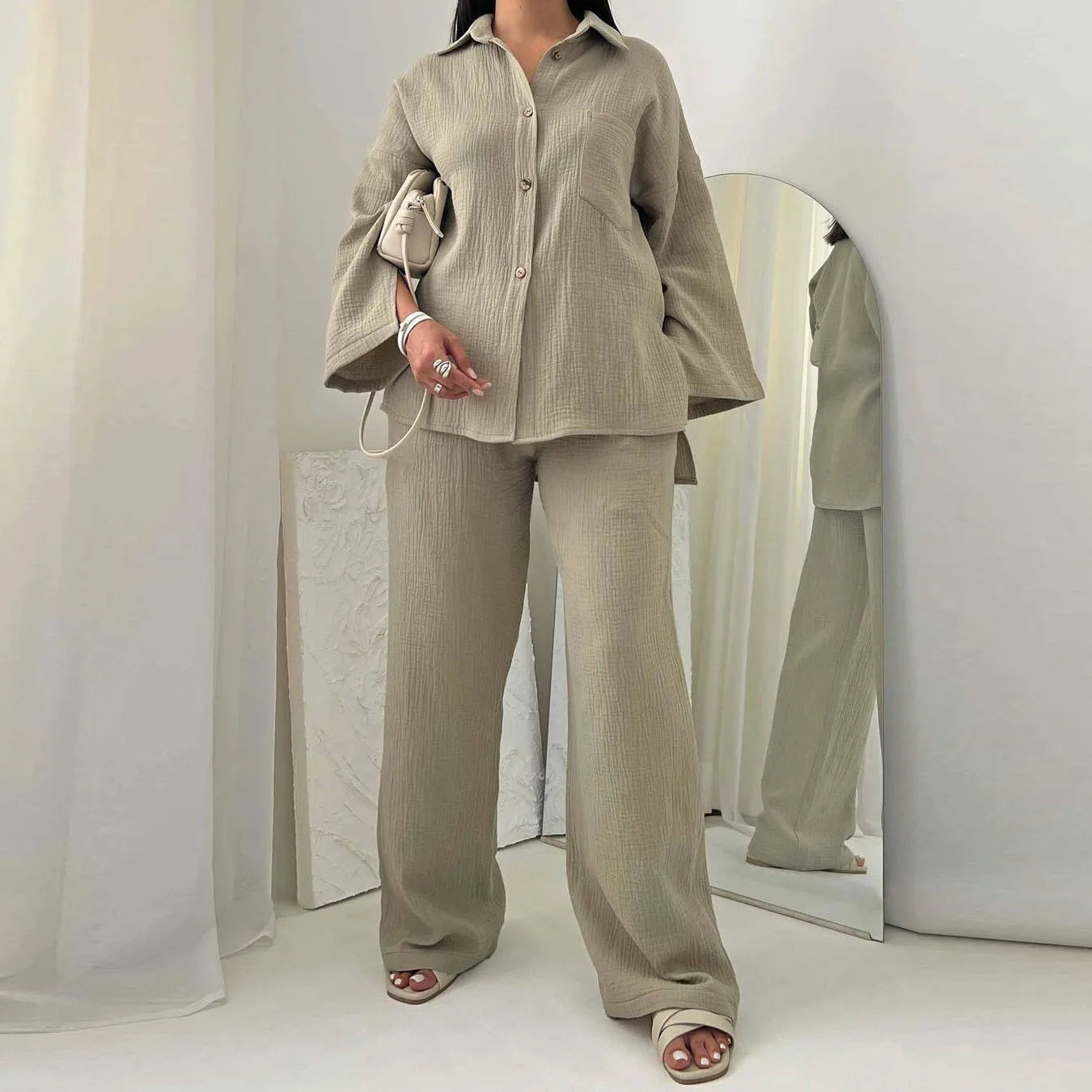 Women Two Piece Set Splice Pocket Shirt Wide Leg Pants Ensemble Dubai