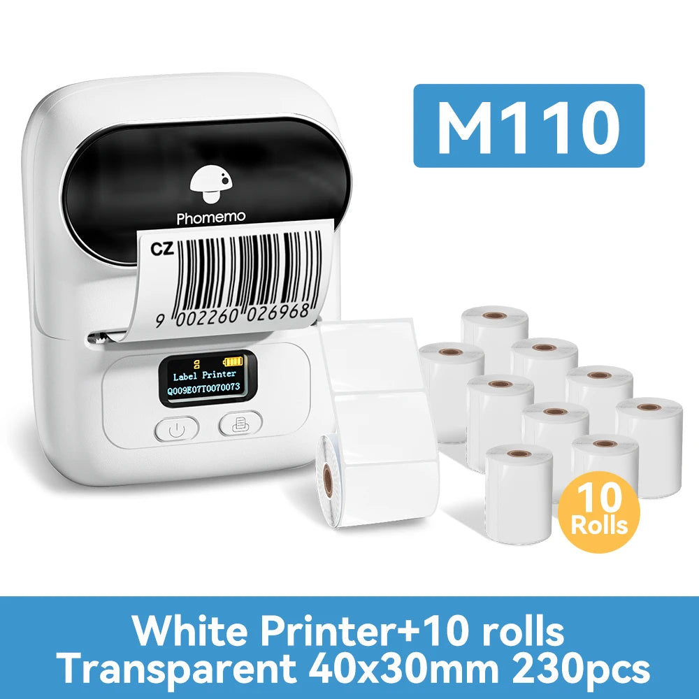 Phomemo M110 Mini Portable Thermal Printer Self-adhesive Label Printer For 3/5/10 rolss Stickers Label Maker Printer Without Ink
