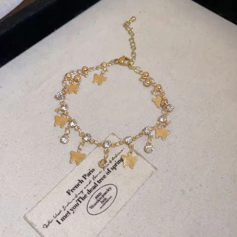 Korean Fashion Shiny Zircon Butterfly Pendant Necklace for Women Sweet Aesthetic Charm Tassels Bracelets Trend Y2K Jewelry Set