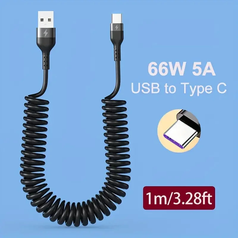 66W 5A USB Type C Cable Fast Charging Spring Telescopic PD60W Type C To USB C Phone Charge Cable For Huawei Xiaomi Redmi Honor