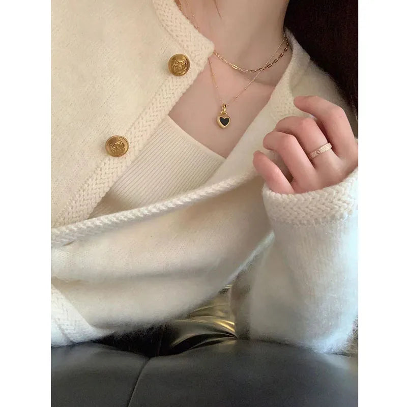 Women's White Knitted Coats Single-Breasted Short Sweater