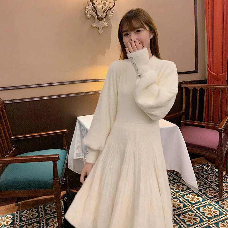 Sweet Cute Pink Faux Mink Cashmere Dress Women 2025