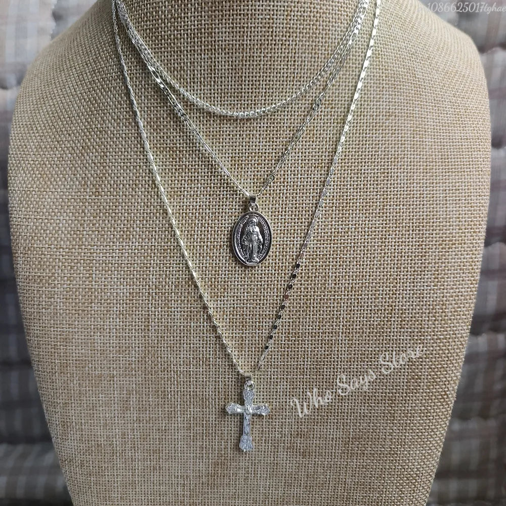 3 Layer Necklace Oval-shaped Virgin Mary Madonna Pendant Jesus Cross Metal Plated Chain Women Gift