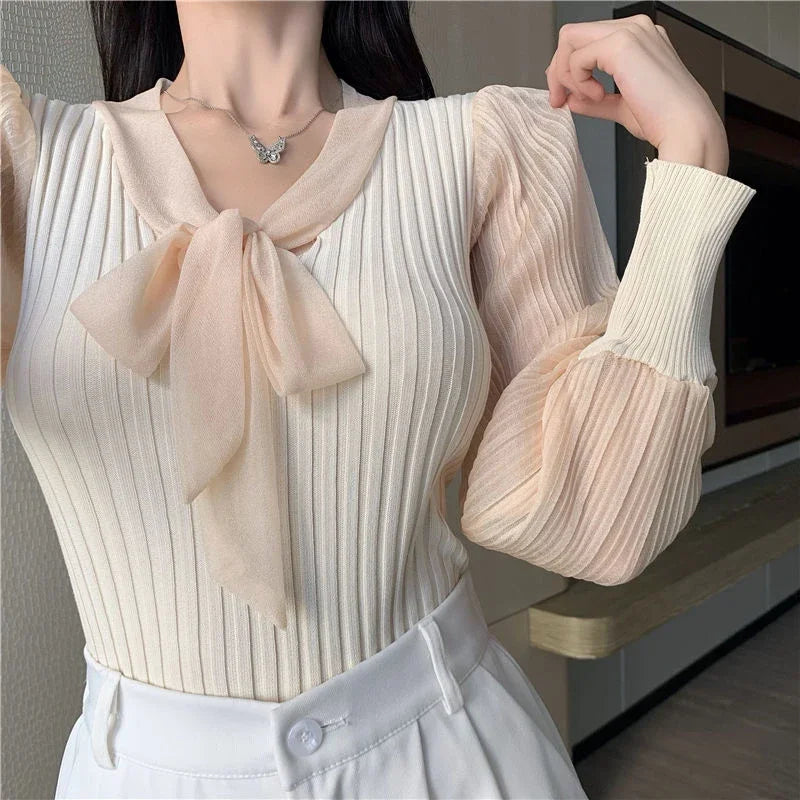 Lucyever Korean Chic Bow V-Neck Women Sweater