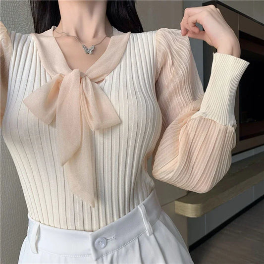 Lucyever Korean Chic Bow V-Neck Women Sweater