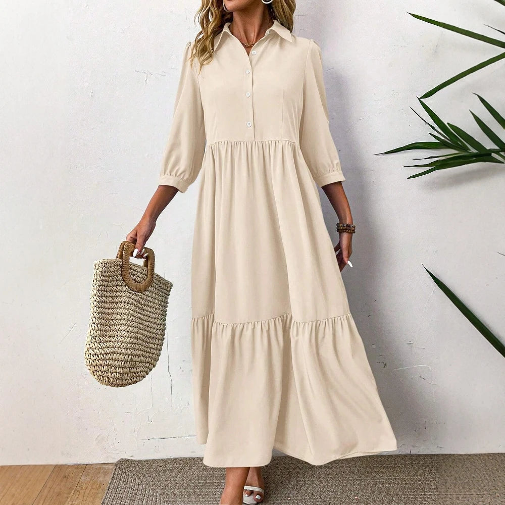 2025 Women's Daily Basic Plain Long Sleeve Lapel Button Regular Fit Dresses
