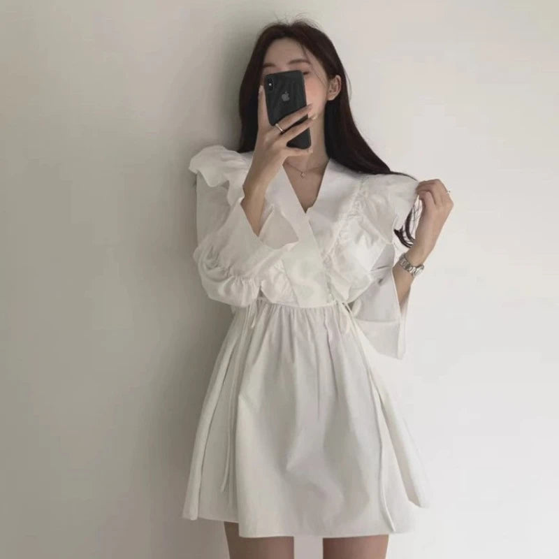 Woman Long Sleeve Dress Tie-up