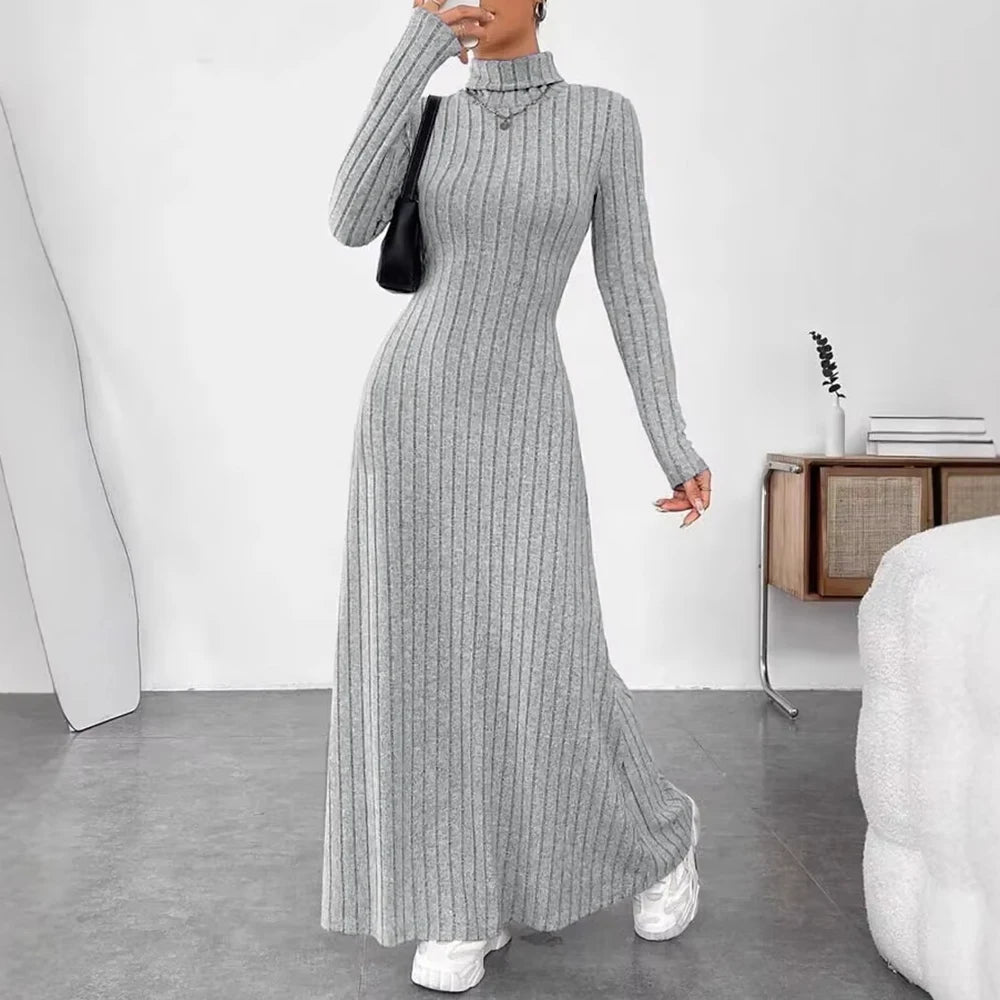 2025 Women's Daily Basic Casual Solid Color Long Sleeve Mock Neck Fitting Slim Long Dress