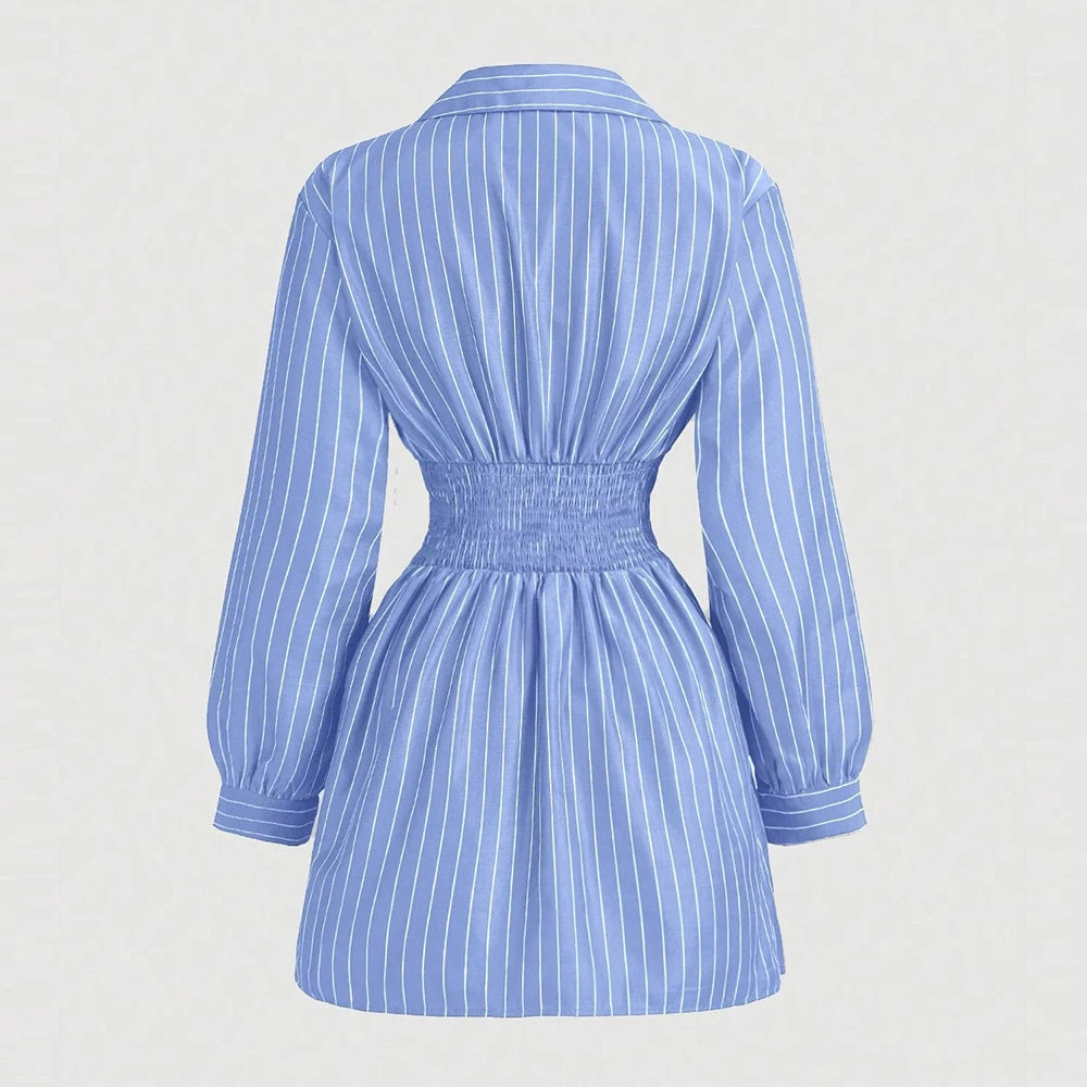 2025 Women's K-Fashion Nipped Waists Stripes Long Sleeve V-Neck A-Line Mini Work Dresses