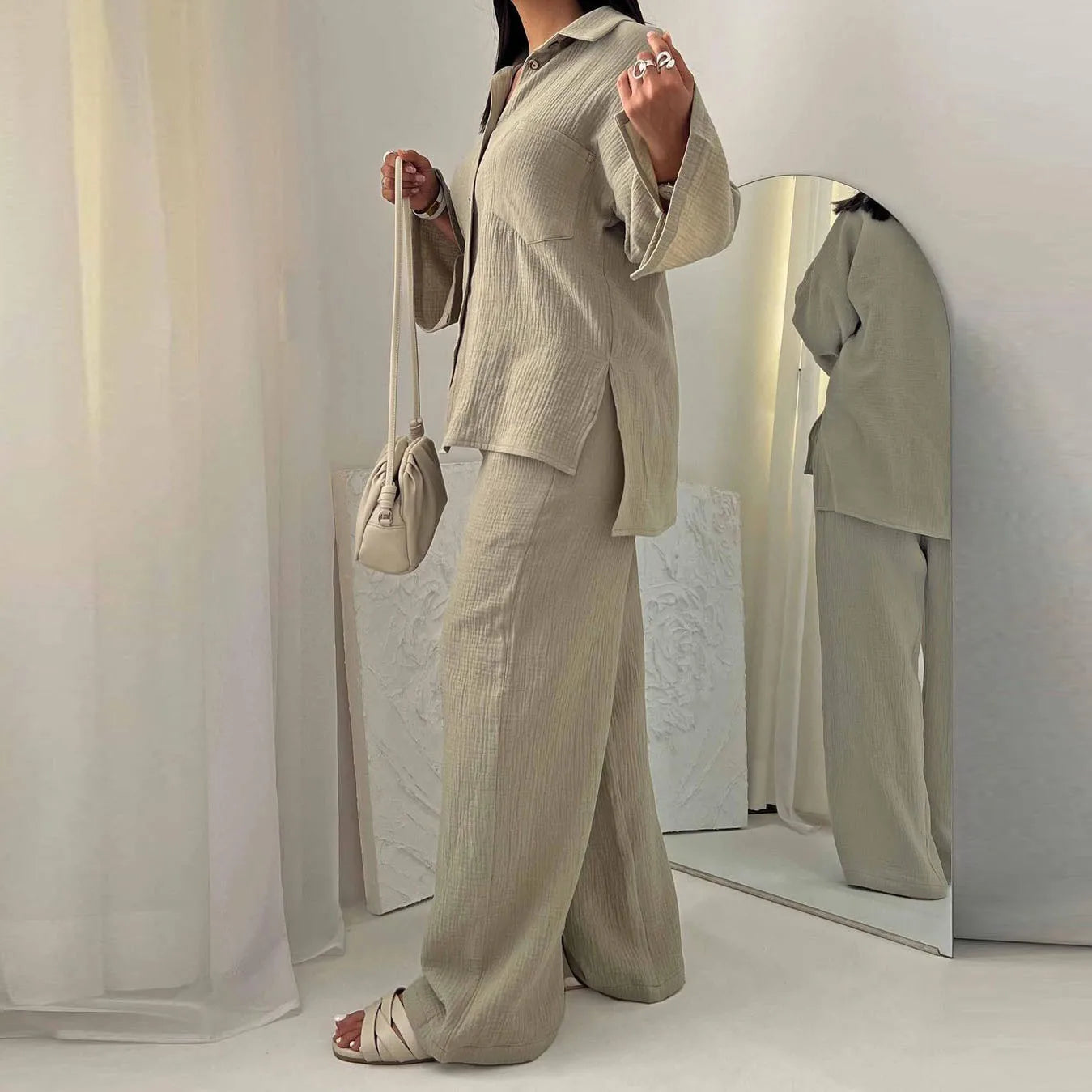 Women Two Piece Set Splice Pocket Shirt Wide Leg Pants Ensemble Dubai