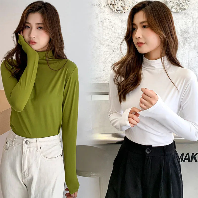 Solid Basic Modal Turtleneck Tshirts Women