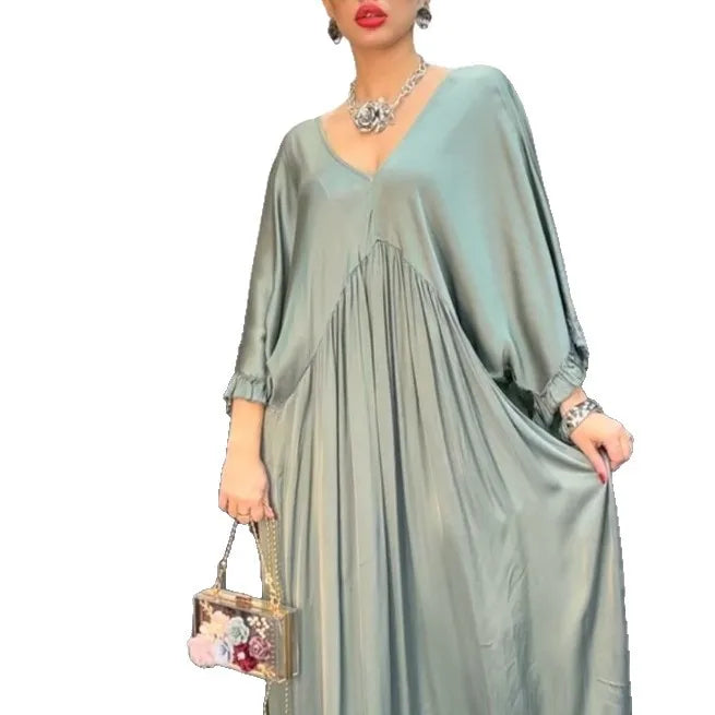 V-neck Satin Ruffle Sleeves Pleated Loose High Waisted Big Swing Dress Robe