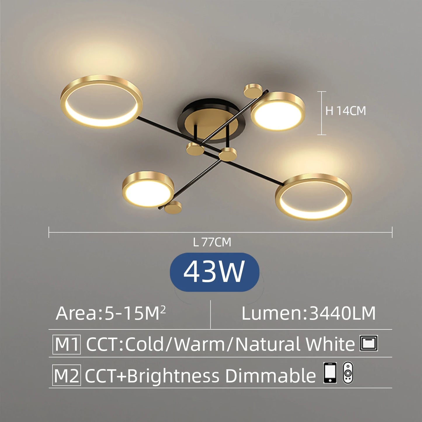 Nordic Pendant Light Gold Black Ceiling Chandelier Dimming Remote Control