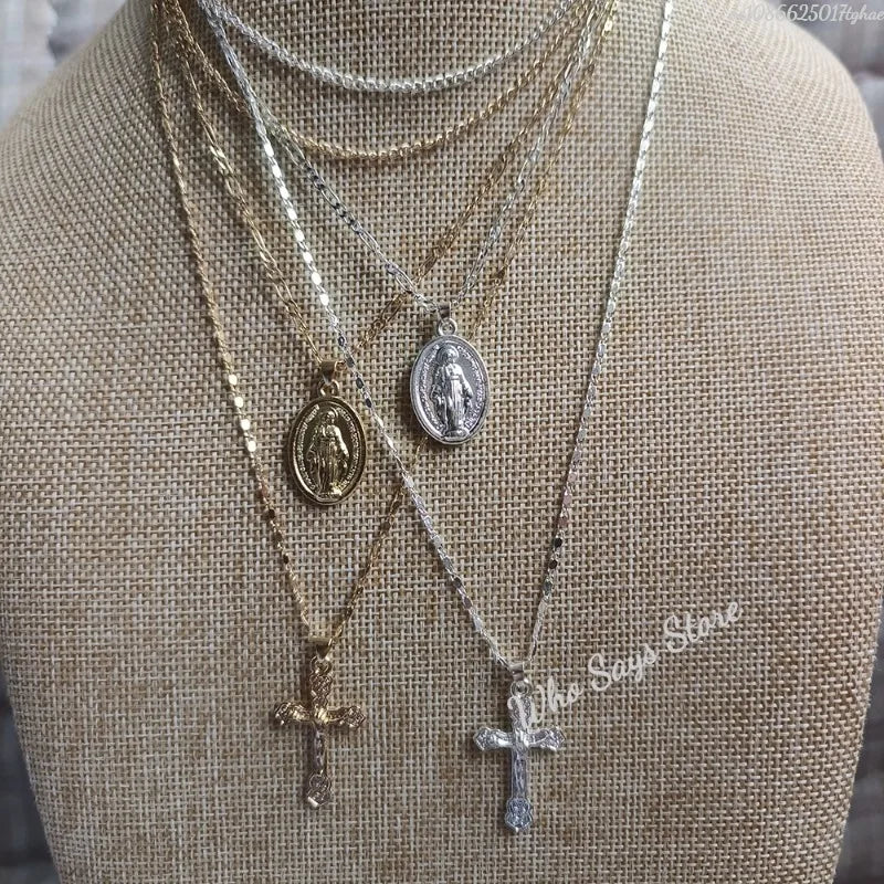 3 Layer Necklace Oval-shaped Virgin Mary Madonna Pendant Jesus Cross Metal Plated Chain Women Gift