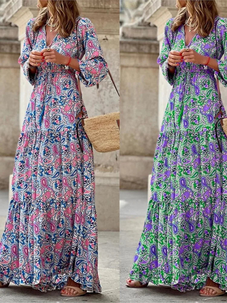 Women's Autumn New Fashionable V-neck Long Sleeve Waist Elastic Dress