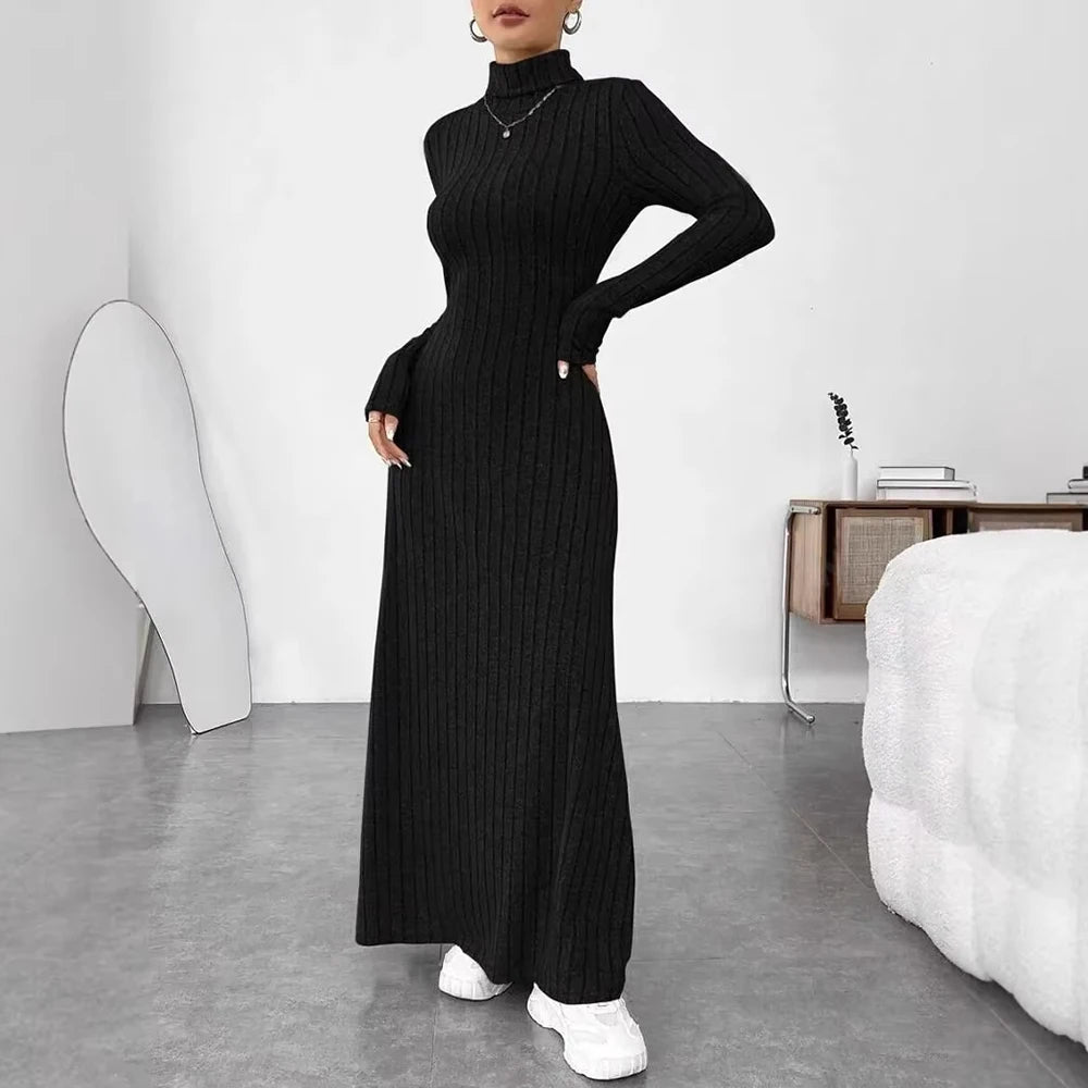 2025 Women's Daily Basic Casual Solid Color Long Sleeve Mock Neck Fitting Slim Long Dress