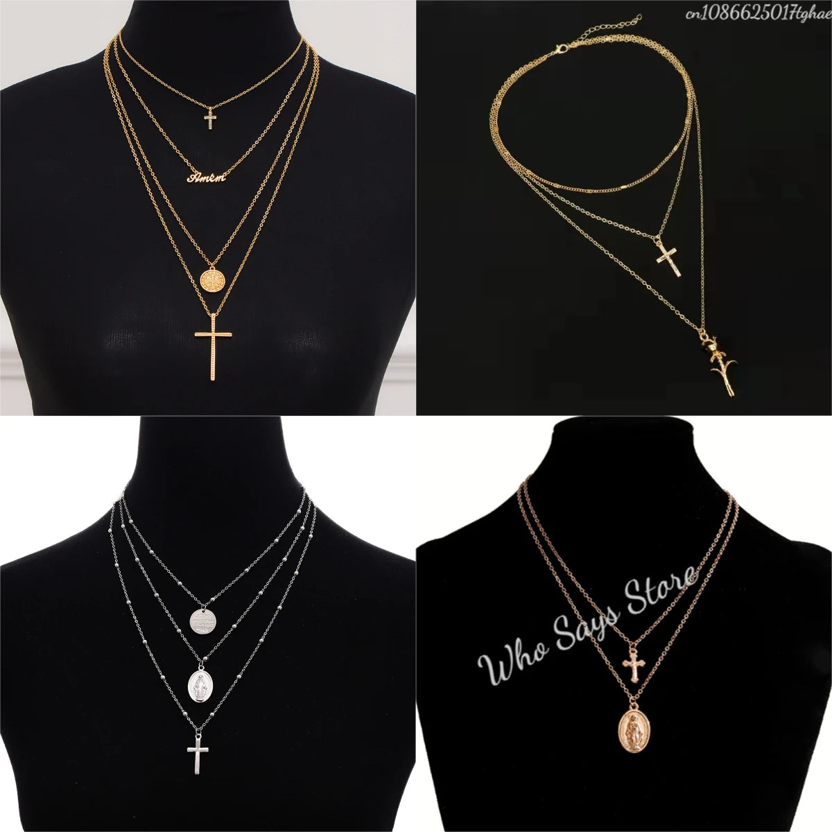 3 Layer Necklace Oval-shaped Virgin Mary Madonna Pendant Jesus Cross Metal Plated Chain Women Gift