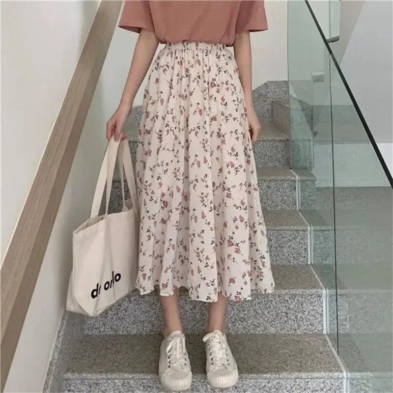 A-line Pleated Long Skirts Summer Women Elastic Waist Midi Skirt