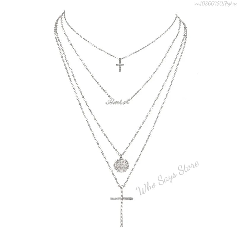 3 Layer Necklace Oval-shaped Virgin Mary Madonna Pendant Jesus Cross Metal Plated Chain Women Gift