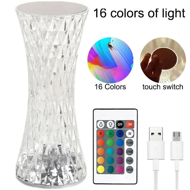 Diamond Desk Lamp USB Rechargeable Crystal Bedside Table Night Lights Bedroom