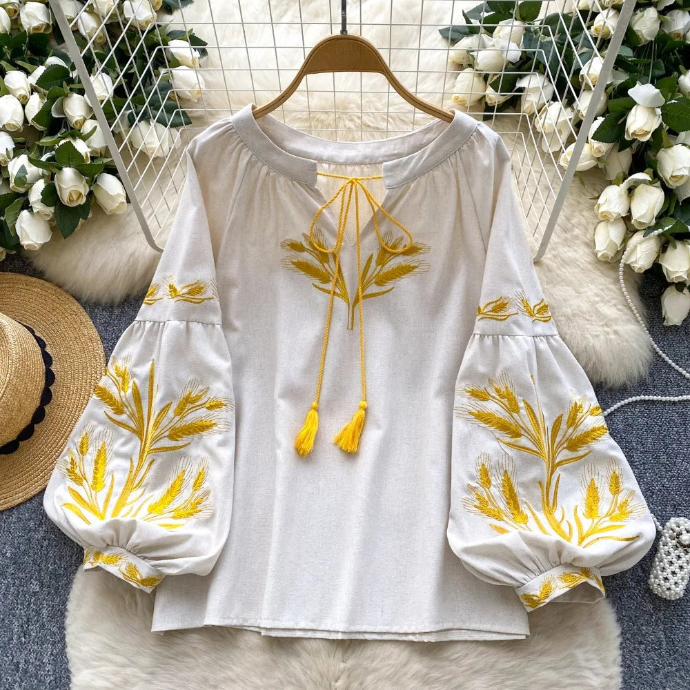 Neck Embroidery Lantern Blouses