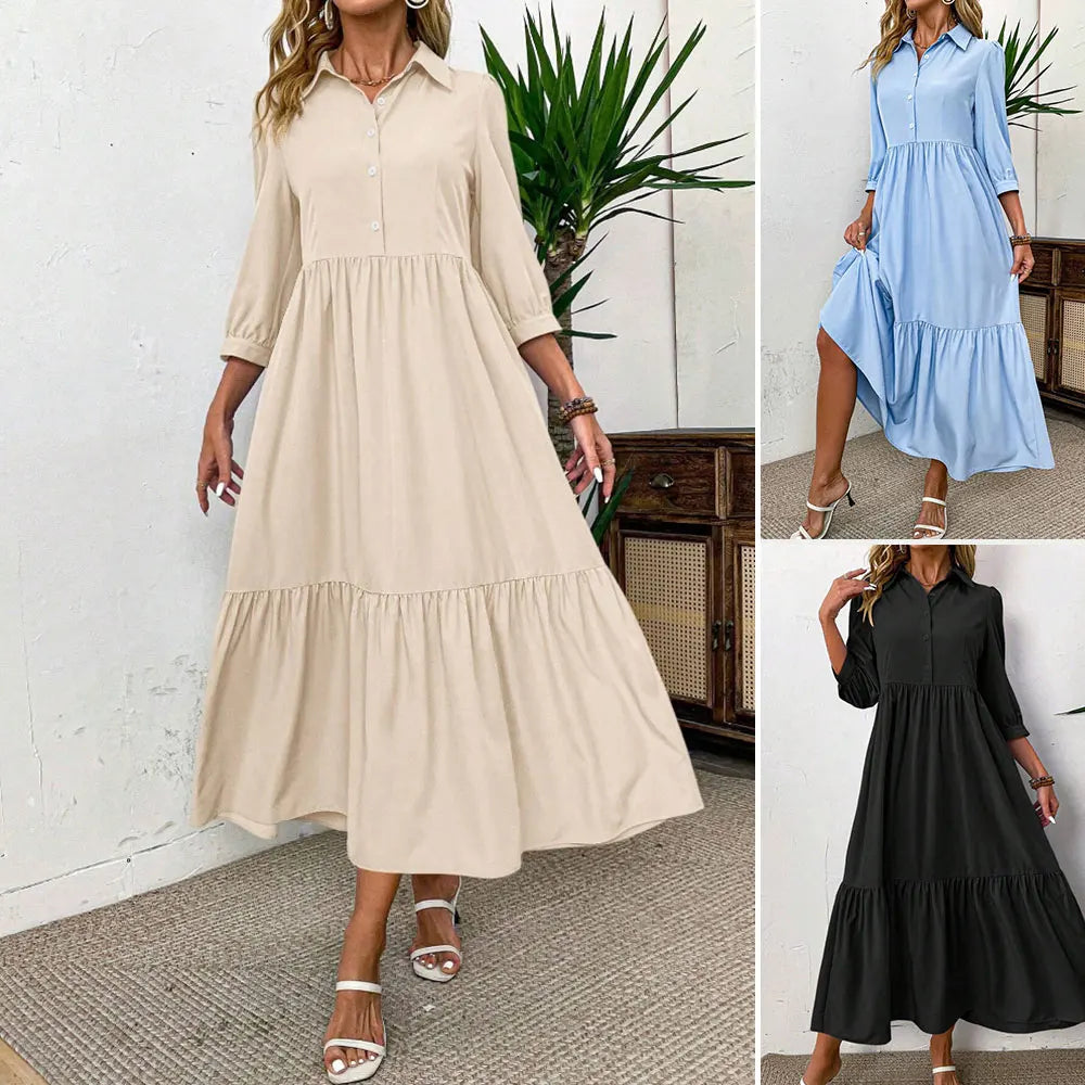 2025 Women's Daily Basic Plain Long Sleeve Lapel Button Regular Fit Dresses