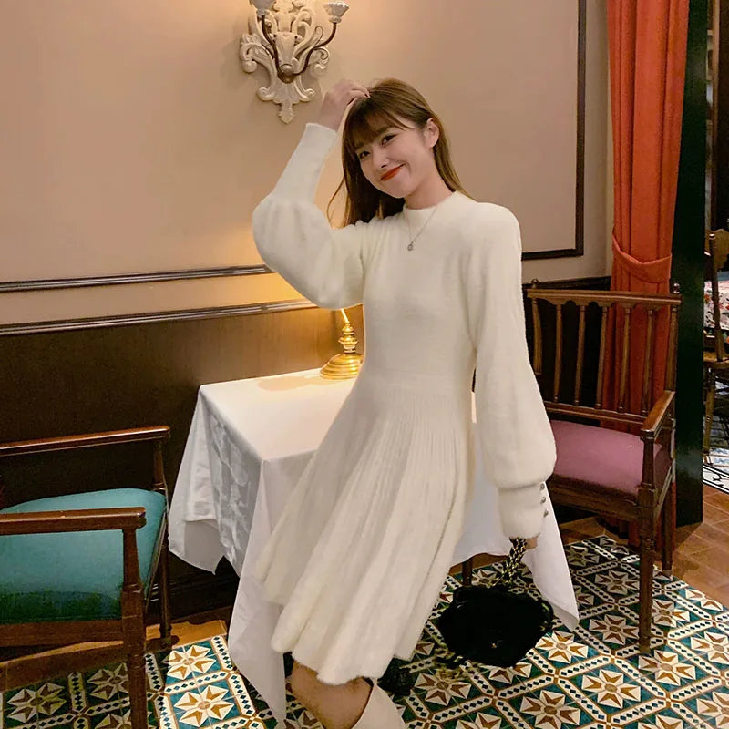 Sweet Cute Pink Faux Mink Cashmere Dress Women 2025