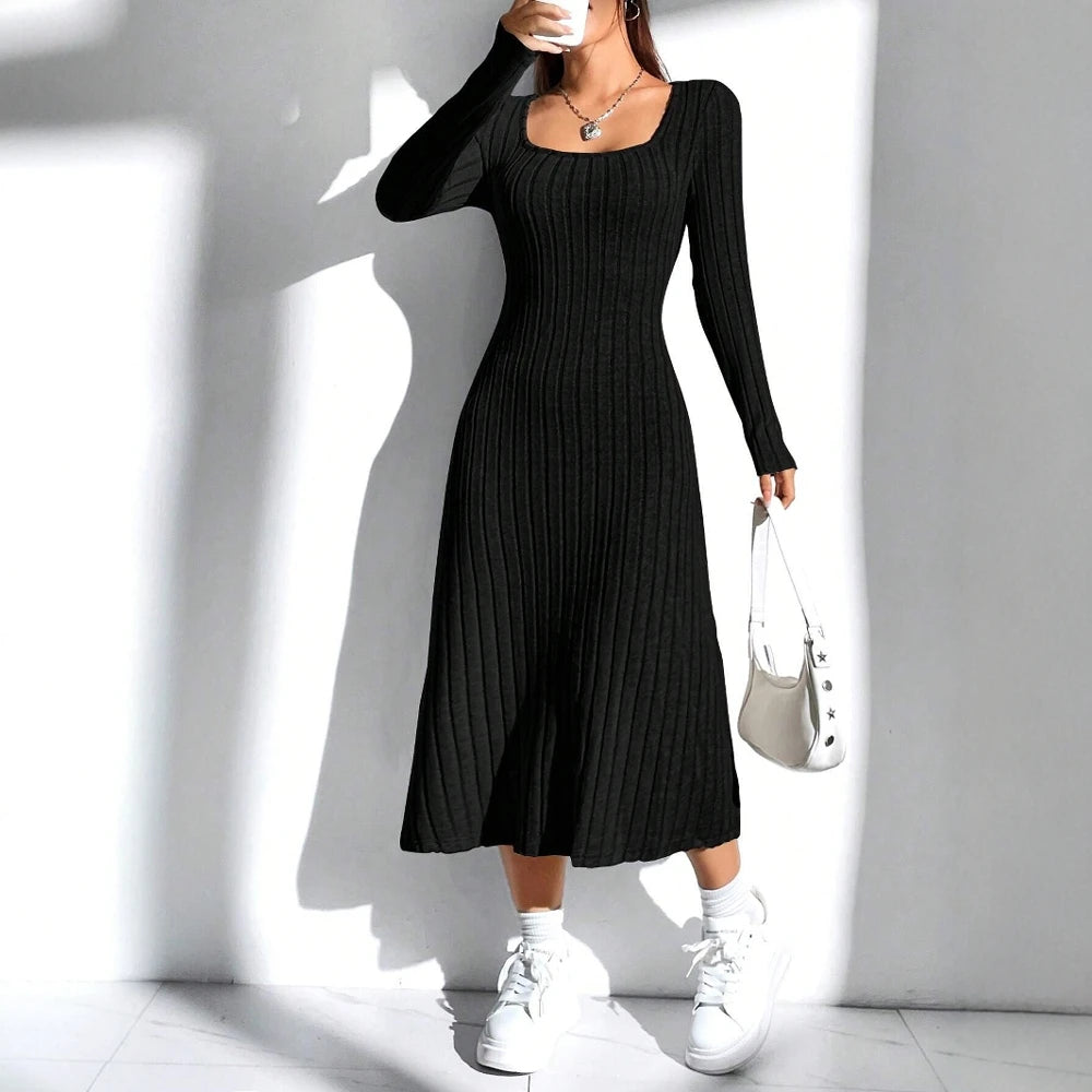 2025 Solid Color Long Sleeve Square Neck Nipped Waists Dresses For Women