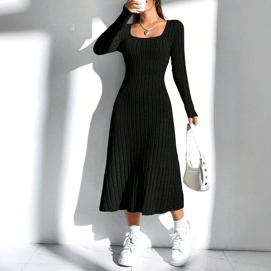 2025 Solid Color Long Sleeve Square Neck Nipped Waists Dresses For Women