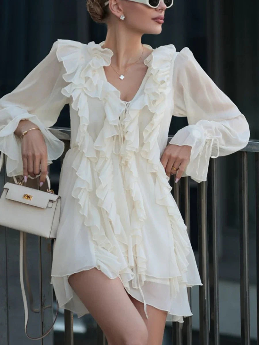 Wolfeel New Lotus Leaf Edge Lace Up Dress