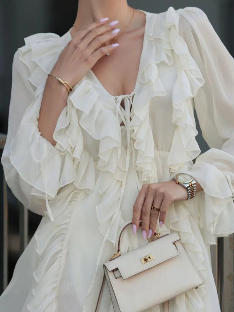 Wolfeel New Lotus Leaf Edge Lace Up Dress