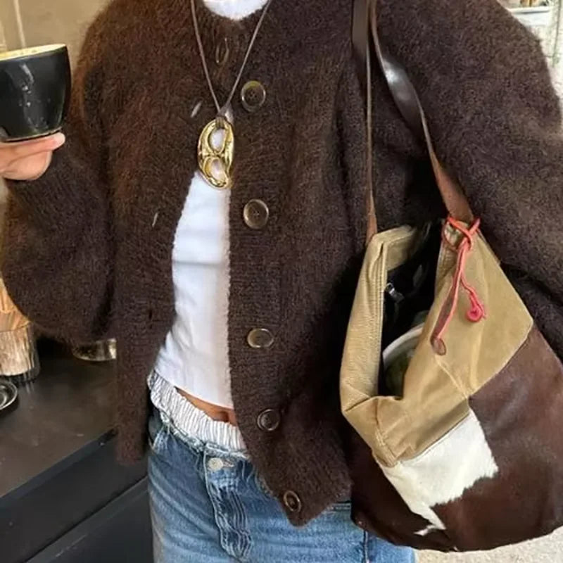 ITOOLIN Fashion Elegant Women's Knitted Button Jacket Brown Maillard Lazy Knitted Jacket Round Neck Long Sleeve Coats