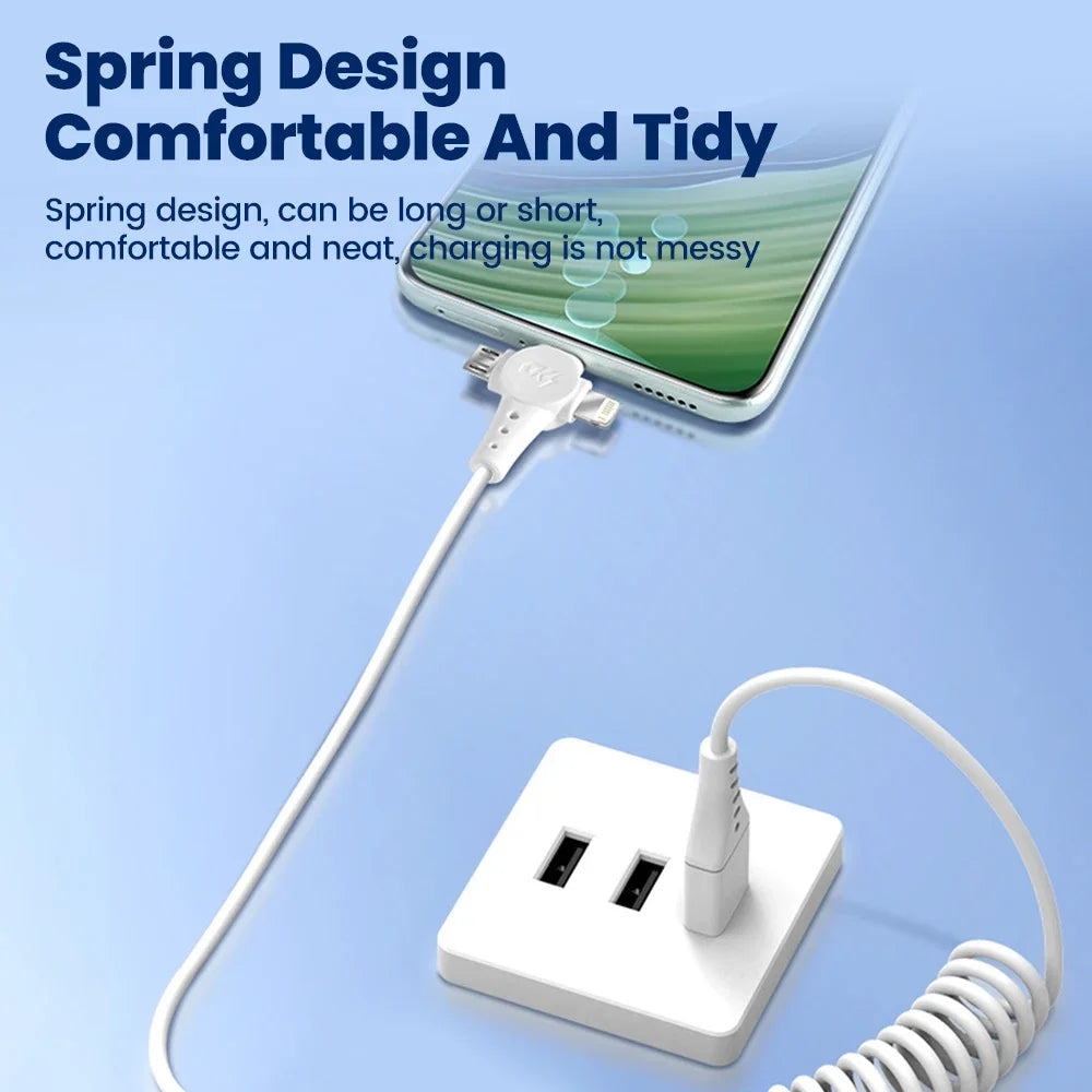 120W 3-in-1 USB C Cable Super Fast Charging Spring Retractable Data Cable For iPhone Huawei Xiaomi Phone Quick Charger Data Cord