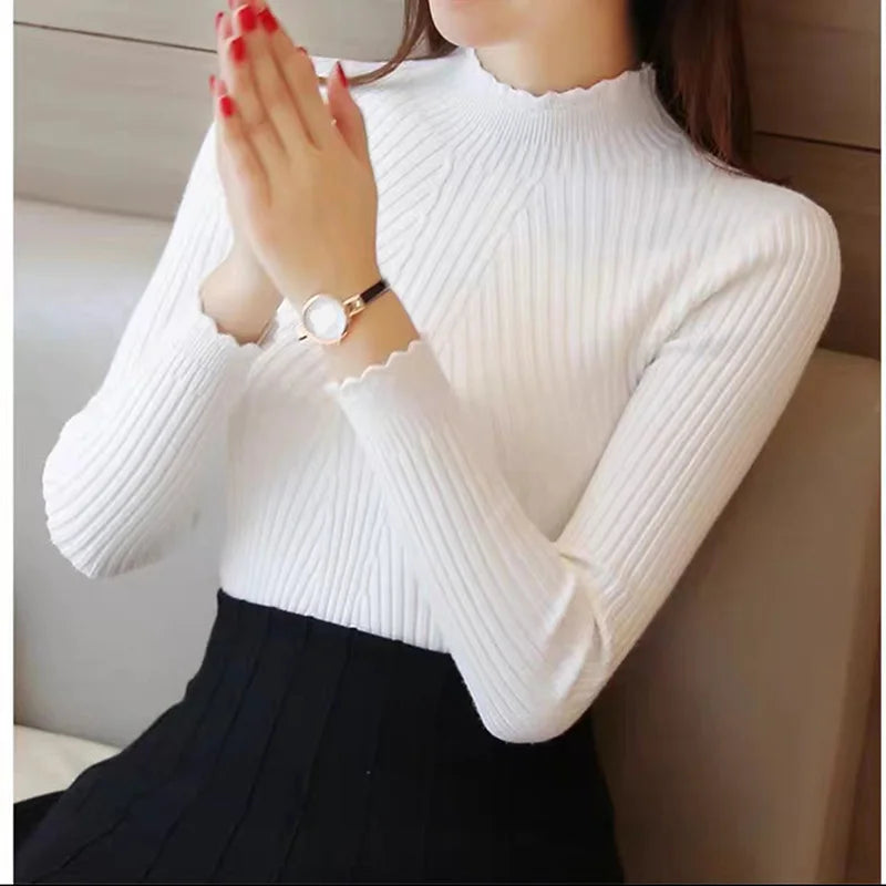 ITOOLIN Autumn Women Mock Neck Ruffles Sweater Long Sleeve Knitted Bottoming Solid Pullovers Stripe For Women Sweater Winter