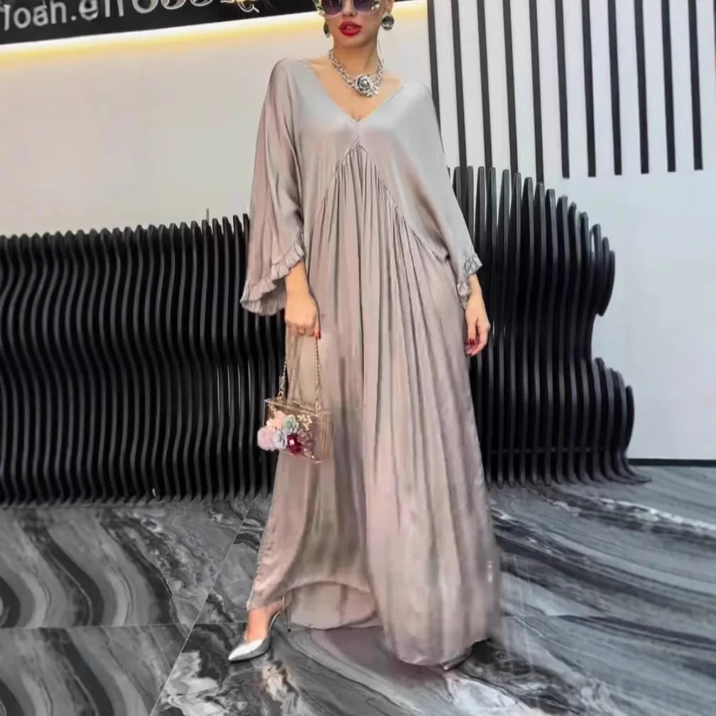 V-neck Satin Ruffle Sleeves Pleated Loose High Waisted Big Swing Dress Robe