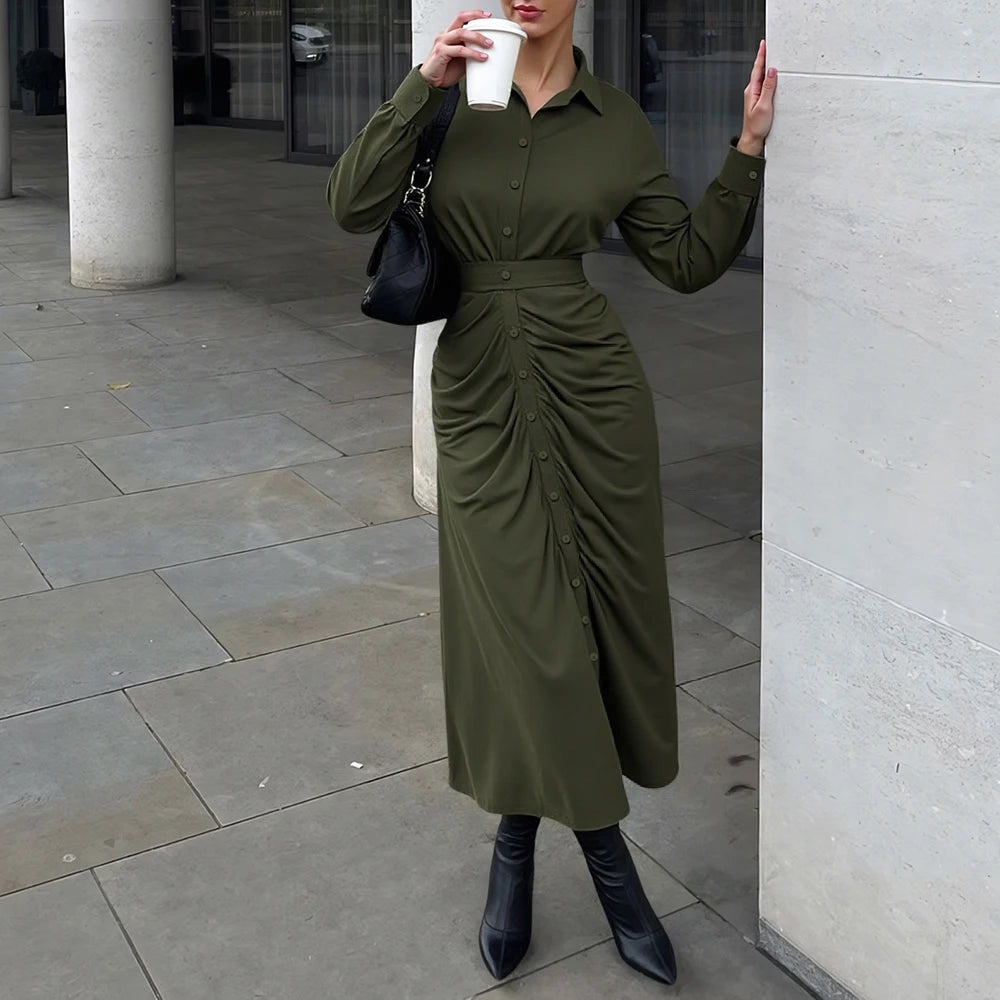 Women's Elegant Plain Long Sleeve Lapel Button Front Fitting Slim Office Lady Dresses