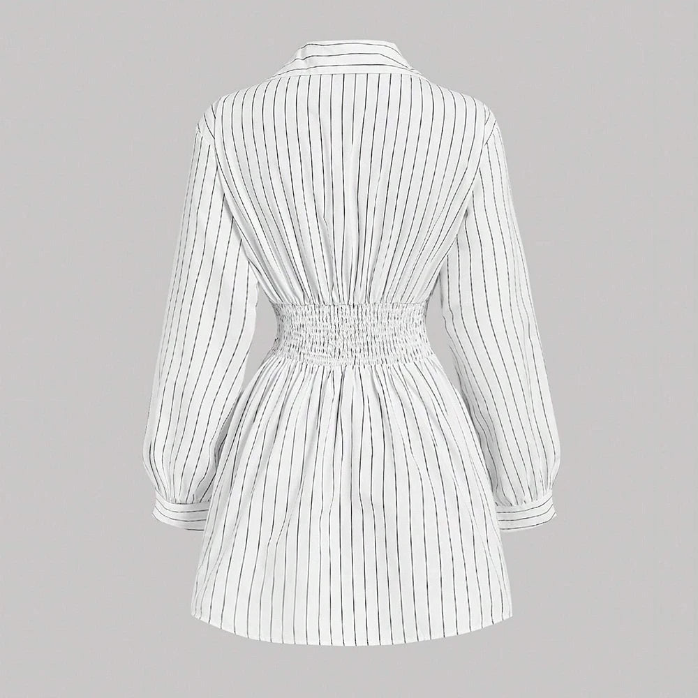 2025 Women's K-Fashion Nipped Waists Stripes Long Sleeve V-Neck A-Line Mini Work Dresses
