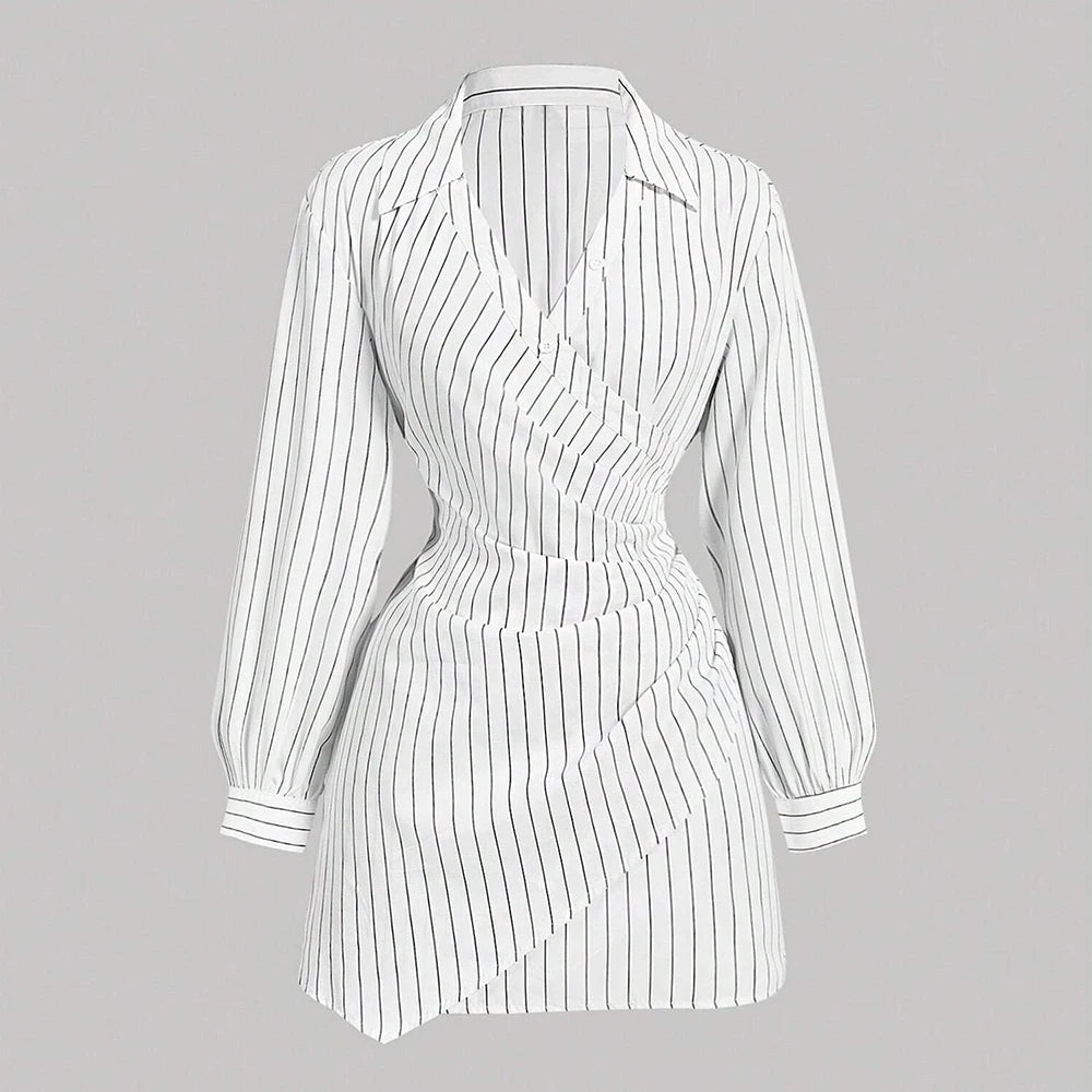 2025 Women's K-Fashion Nipped Waists Stripes Long Sleeve V-Neck A-Line Mini Work Dresses