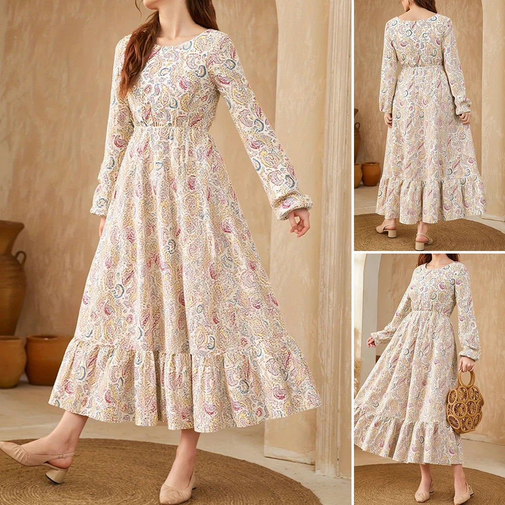 Chic Basic Paisley Long Sleeve Round Neck Midi Long Dresses