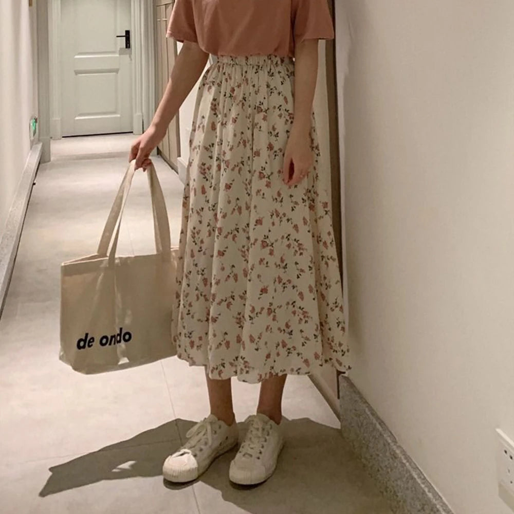 A-line Pleated Long Skirts Summer Women Elastic Waist Midi Skirt