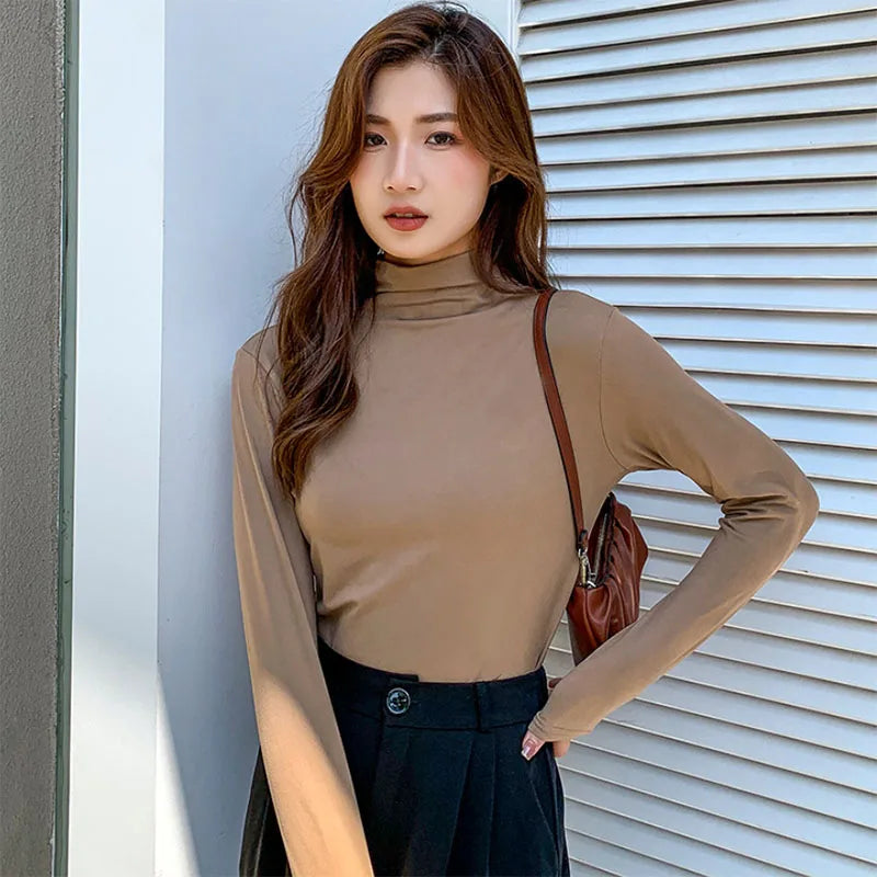 Solid Basic Modal Turtleneck Tshirts Women