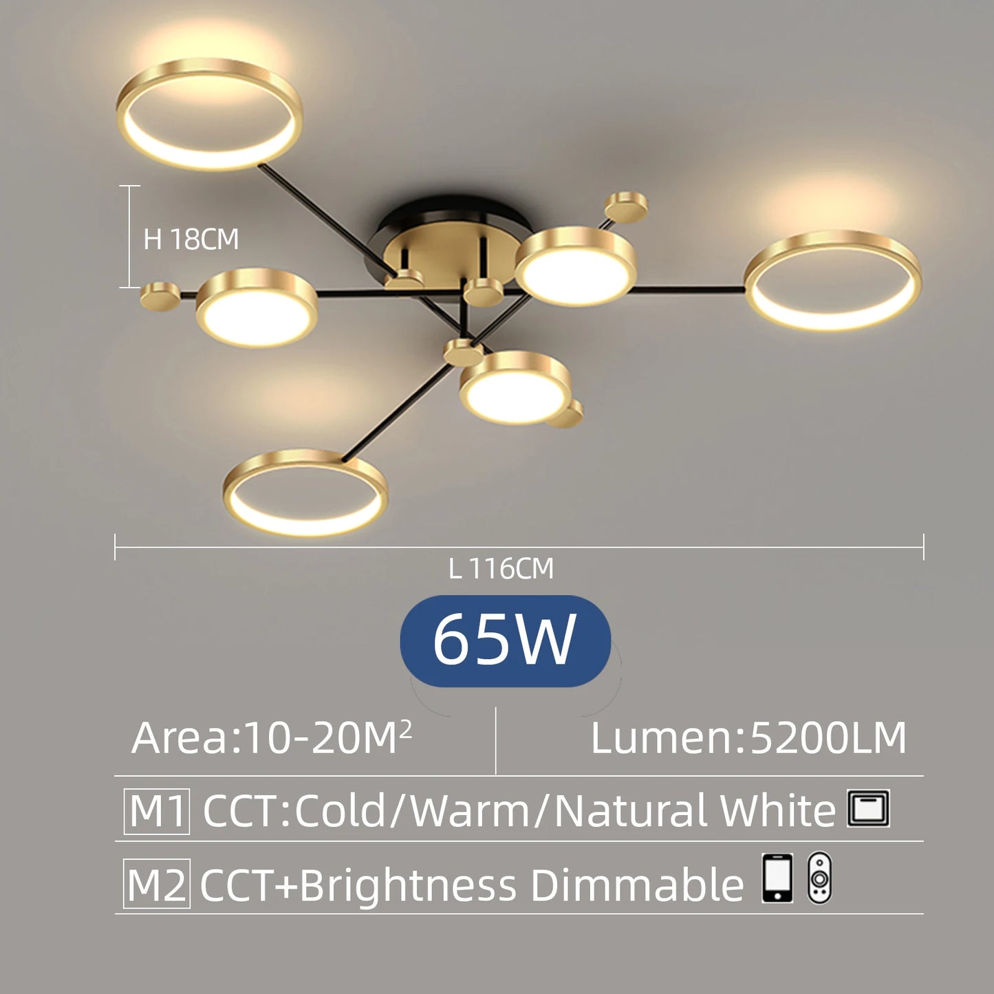 Nordic Pendant Light Gold Black Ceiling Chandelier Dimming Remote Control