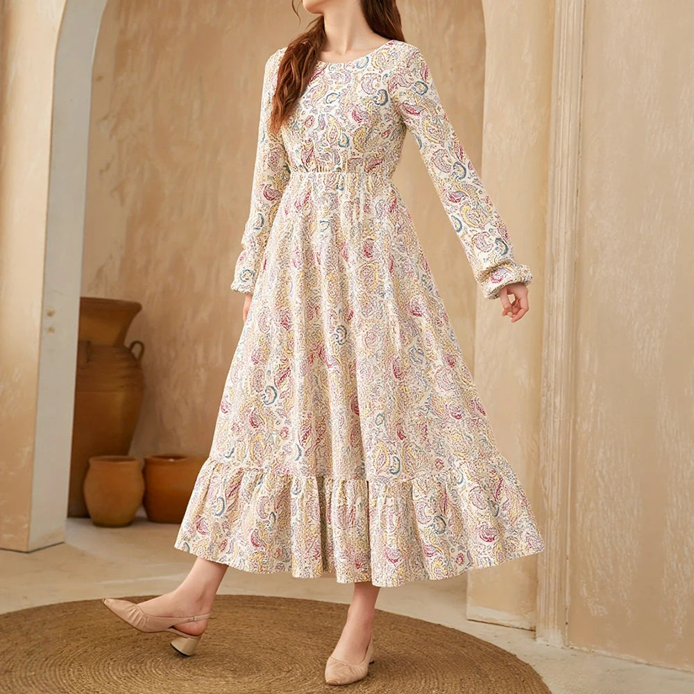 Chic Basic Paisley Long Sleeve Round Neck Midi Long Dresses