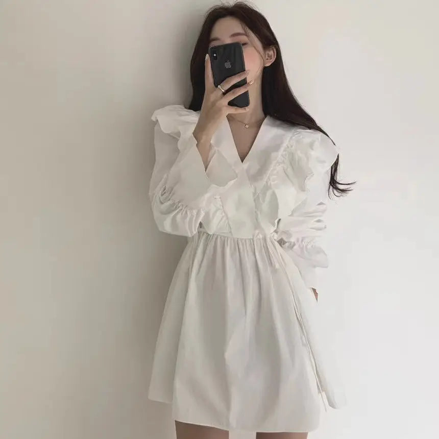 Woman Long Sleeve Dress Tie-up