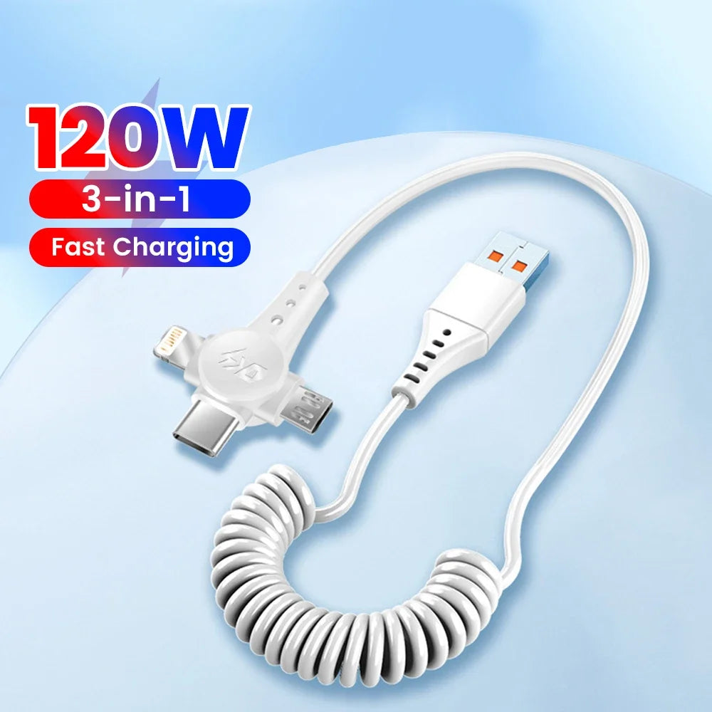 120W 3-in-1 USB C Cable Super Fast Charging Spring Retractable Data Cable For iPhone Huawei Xiaomi Phone Quick Charger Data Cord