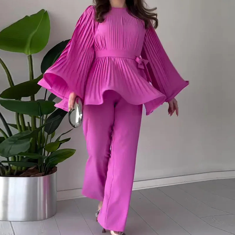 Muslim Suits Women Lace Up Blouse Wide Leg Pants Sets